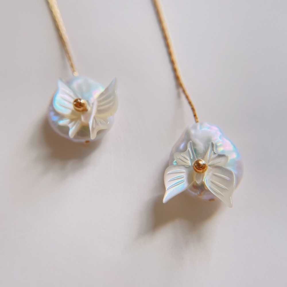 Baroque butterfly pearl long drop earrings